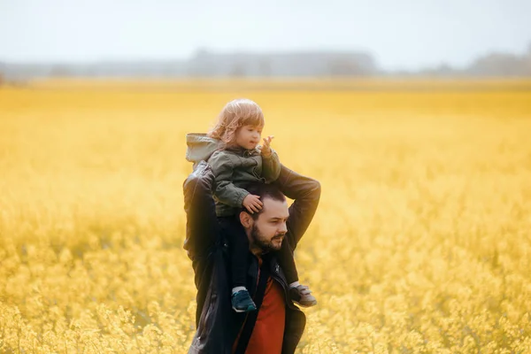 Apa Holding Lánya Vállán Virágmezőn — Stock Fotó