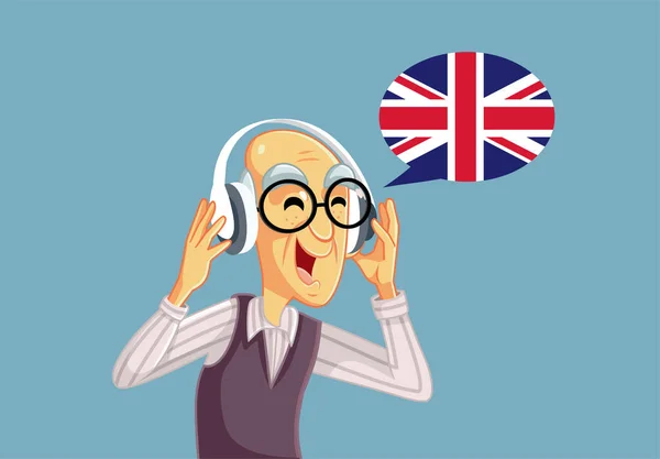 Hombre Mayor Con Auriculares Aprendiendo Inglés — Vector de stock