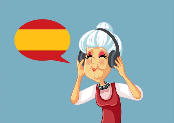 Senior Kvinna Bär Hörlurar Lära Sig Spanska Språk — Stock vektor