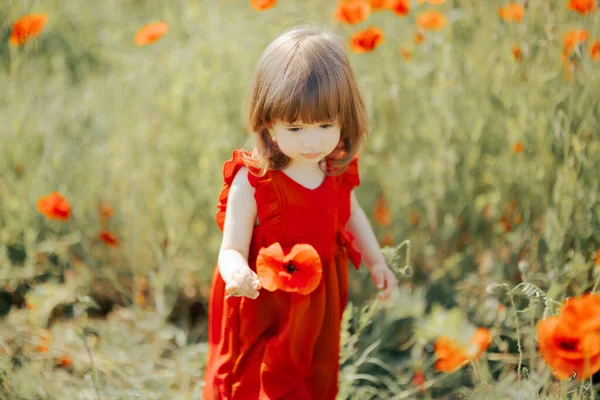 Menina Feliz Brincando Campo Papoilas — Fotografia de Stock