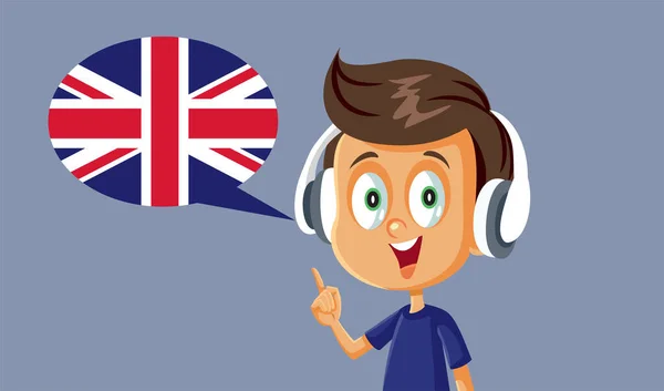 Little Boy Nearing Headphones Nauka Angielskiego Wymowa — Wektor stockowy