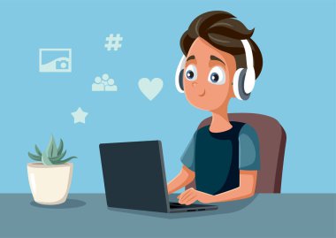 Genç çocuk laptopunda sosyal medyada vakit geçiriyor.