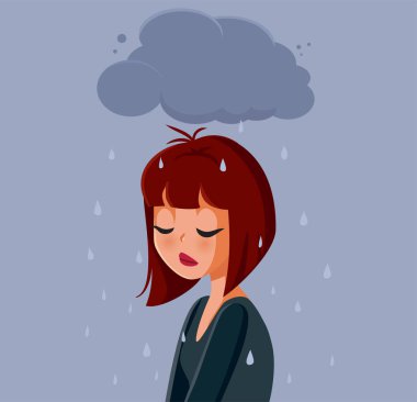 Üzgün Endişeli Kadın Depresyondaki Vektör İllüstrasyonu