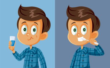 Ağız Yıkama Vektörü İllüstrasyonunu Kullanan Küçük Çocuk 