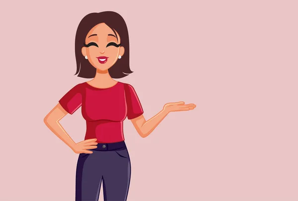 Mujer Sonriente Feliz Haciendo Gesto Presentación — Vector de stock