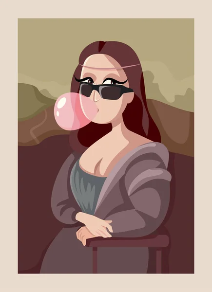 凉爽蒙娜丽莎戴着太阳镜吹泡泡糖 — 图库矢量图片