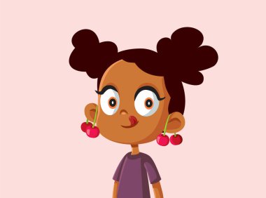 Kulağında kirazları olan tatlı Afrikalı Kız Vektör İllüzyonu