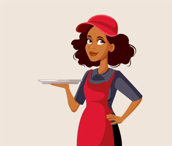 Afro American Waitress Holding Tray Vector Illustration - Stok Vektor