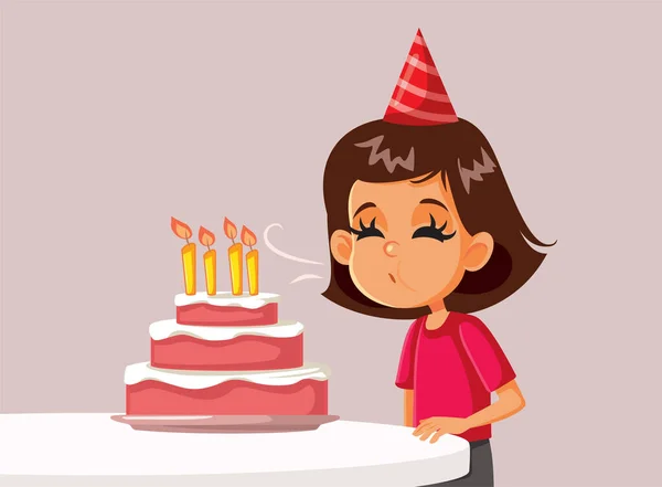 Little Birthday Girl Blazen Kaarsen Een Taart Vector Illustratie — Stockvector