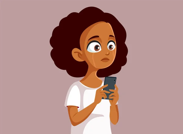 Upset African Teen Girl Reading Hateful Comments — Stock Vector