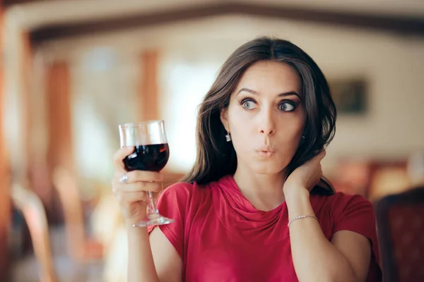 Funny Woman Drinking Wine Restaurant — Stock Photo, Image