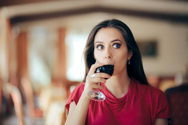 Funny Woman Drinking Wine Restaurant — Stock Photo, Image