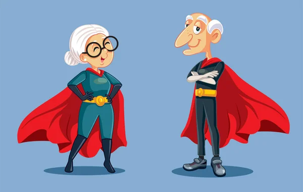 Superhero Nenek Dan Kakek Berdiri Bersama Vektor Kartun - Stok Vektor