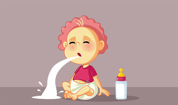 Cute Baby Regurgitating After Eating Milk Vector Illustration
