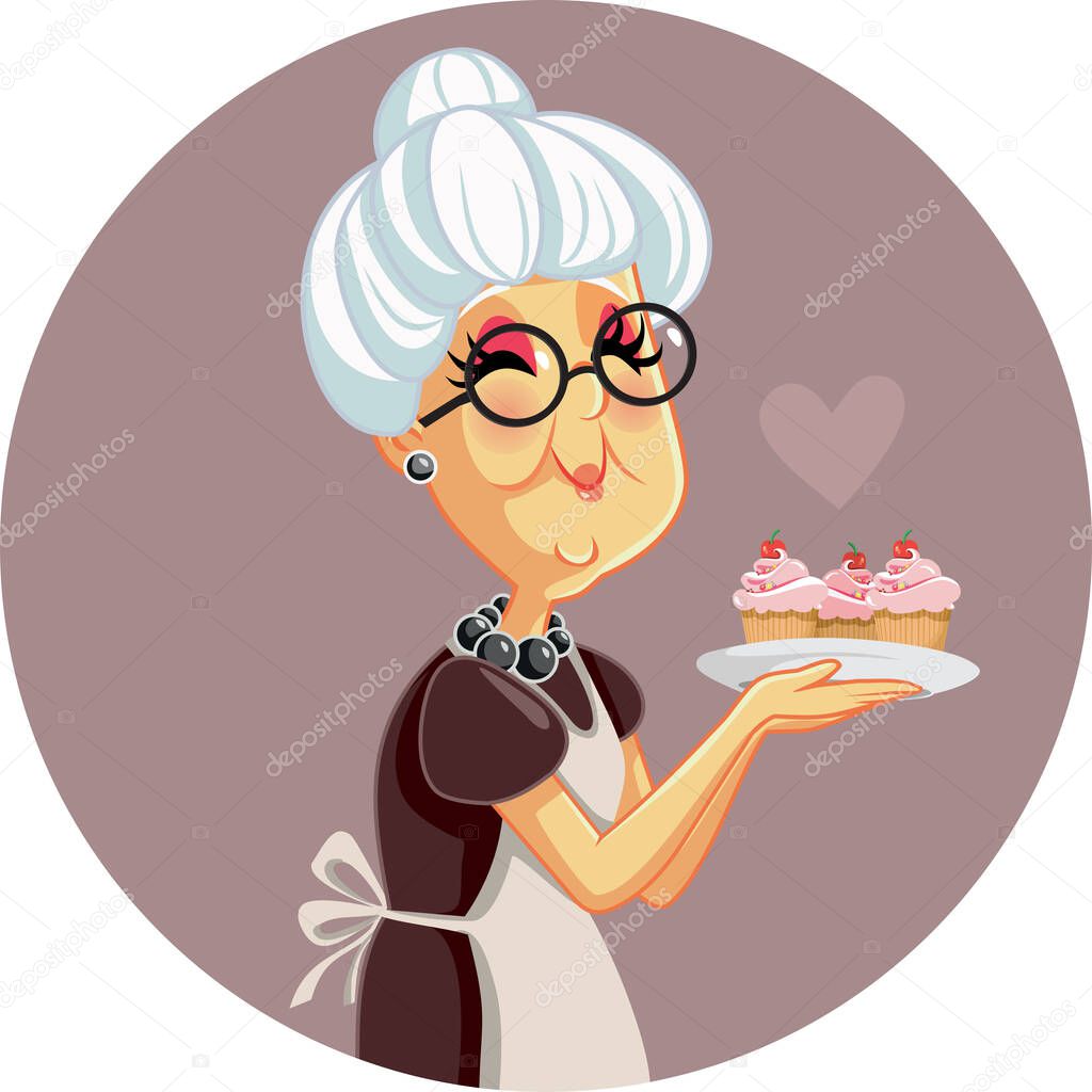 Happy Granny Holding a Plate of Homemade Cupcakes