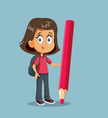 Karikatür Kadın Öğrencisi Dev Kalemin Yanında Duruyor