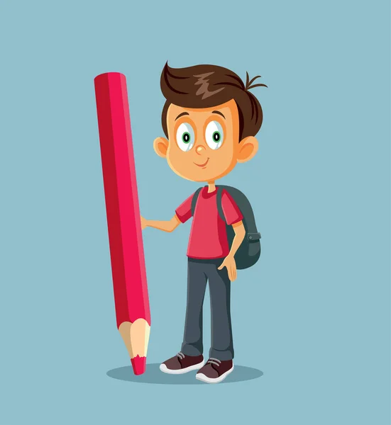 Cartoon Male Student Standing Giant Pencil — Stock Vector