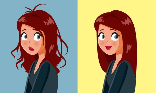 Mujer Antes Después Usar Productos Cosméticos Para Cabello — Vector de stock