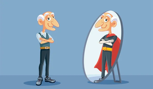 Abuelo Viendo Hombre Súper Poderoso Espejo Reflexión — Vector de stock