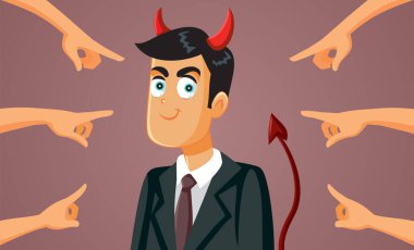 People Pointing to Devilish Businessman Vector Cartoon clipart