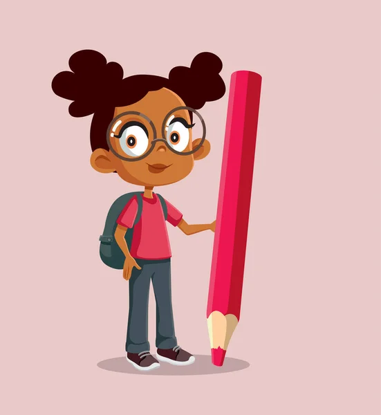 Afrykańska Szkoła Dziewczyna Gospodarstwa Duży Ołówek Wektor Kreskówka — Wektor stockowy
