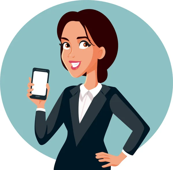 Feliz Mulher Negócios Segurando Smartphone Vector Ilustração — Vetor de Stock