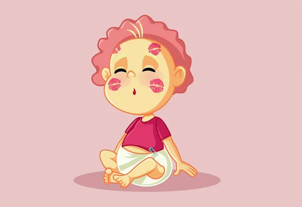 Cute Funny Baby Receiving Kisses Vector Cartoon — Vettoriale Stock