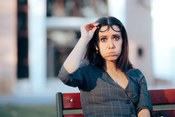 Shocked Young Woman Taking Her Glasses — Zdjęcie stockowe