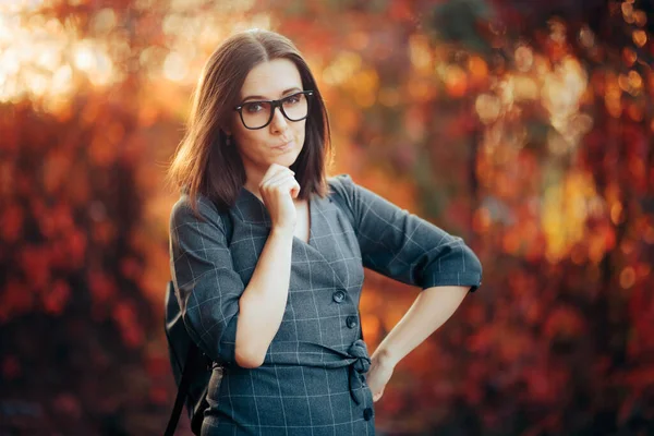 Surprised Woman Wearing Eyeglasses Backpack — Stockfoto