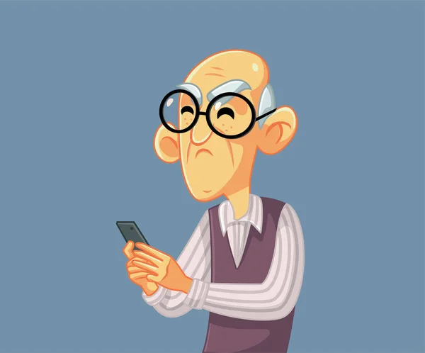 Bărbat Vârstă Supărat Deține Desen Animat Vector Smartphone — Vector de stoc