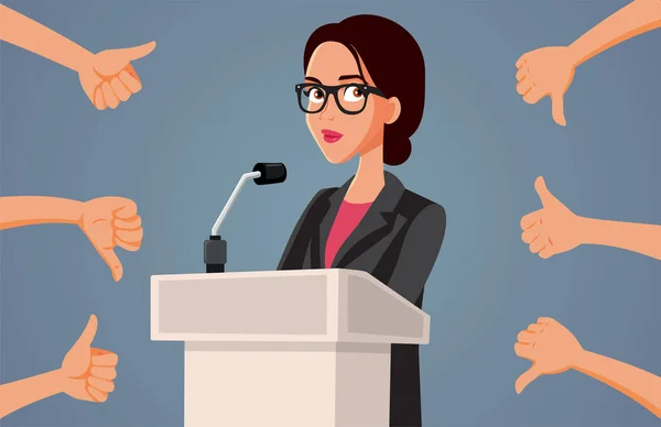 Γυναίκα Εκπρόσωπος Λαμβάνει Μικτή Αντίδραση Στην Εικονογράφηση Ομιλίας Της Διάνυσμα — Διανυσματικό Αρχείο