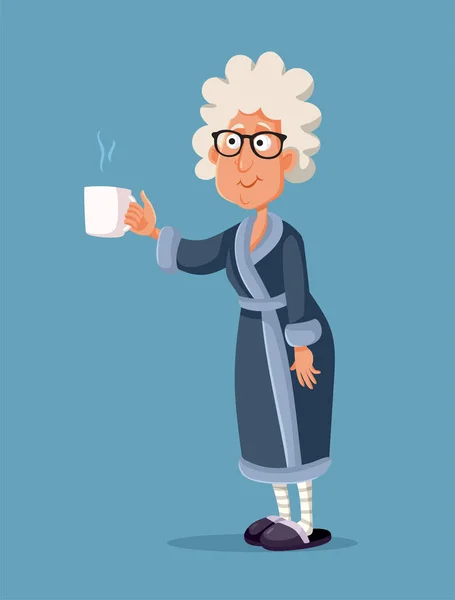 Granny Memegang Secangkir Tea Vector Cartoon Illustration - Stok Vektor