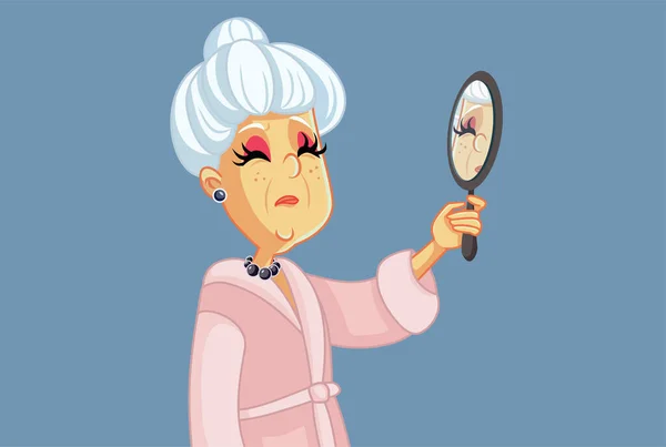 Sad Senior Woman Looking Mirror Vector Cartoon - Stok Vektor