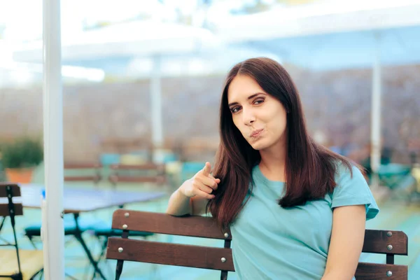 Funny Woman Pointing Forefinger Camera Accusing Somebody Else — Stock Photo, Image