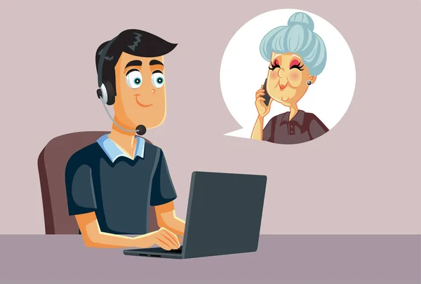 Operador Call Center Conversando Com Vetor Cliente Sênior Cartoon — Vetor de Stock