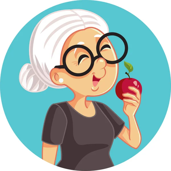 Happy Healthy Senior Woman Holding Apple Vector Cartoon — Stockový vektor