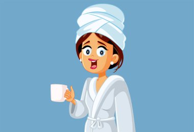 Sabah Vector çizgi filminde elinde kahve fincanı tutan mutlu kadın.