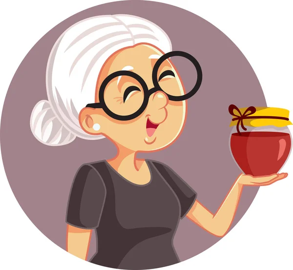 Happy Granny Jar Homemade Jam Vector Cartoon - Stok Vektor