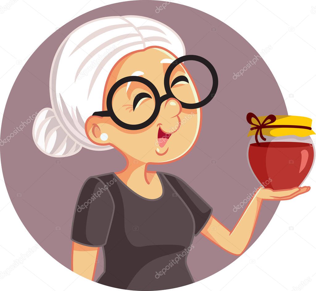 Happy Granny with a Jar of Homemade Jam Vector Cartoon