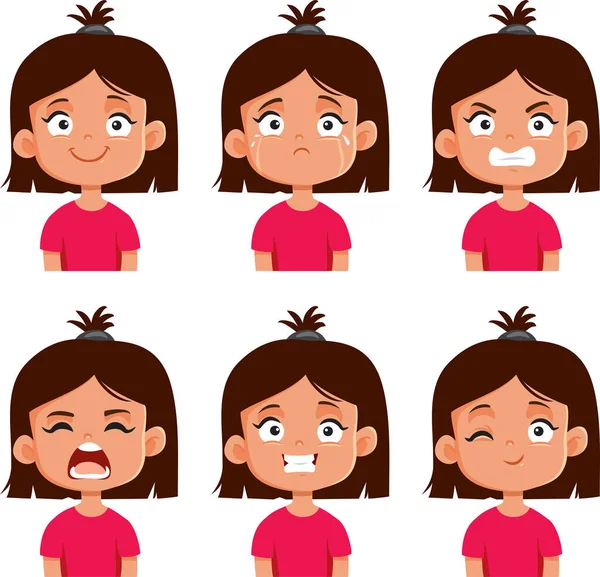 Face Expressions Little Toddler Girl Vector Cartoon — Stock Vector