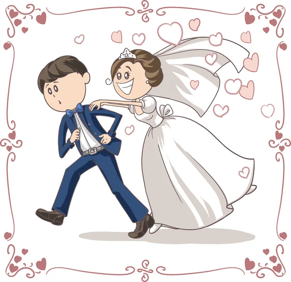 Lopende bruidegom achtervolgd door bruid grappige vector cartoon — Stockvector