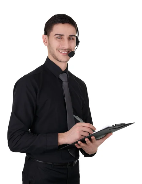 Call Center Hombre con auriculares y portapapeles aislado en blanco —  Fotos de Stock