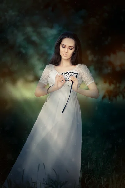 Young Woman in Long White Dress Wearing Mask — Stock Photo, Image