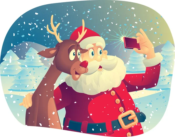 Santa Claus y Rudolph tomando una foto juntos — Vector de stock