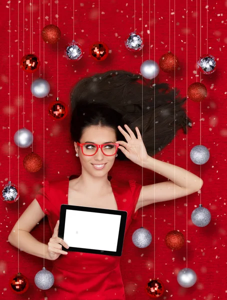Menina Feliz Natal com Tablet — Fotografia de Stock