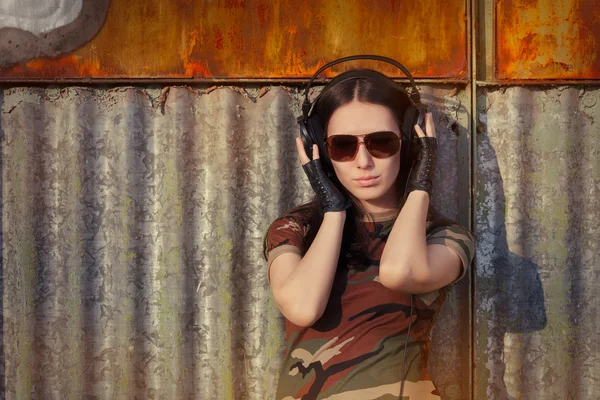 Young Woman with Big Headphone in Army Camouflage T-shirt — Stock Photo, Image
