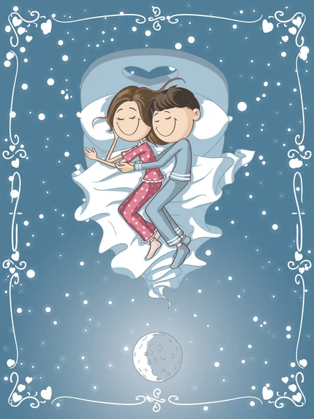 침대에 있는 귀여운 만화 커플 포옹 — 스톡 벡터