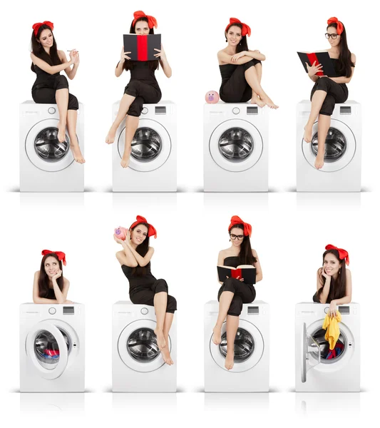 Mädchen auf Waschmaschine lustige Collage — Stockfoto