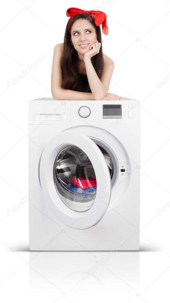 Girl on a Washing Machine Filled with Laundry