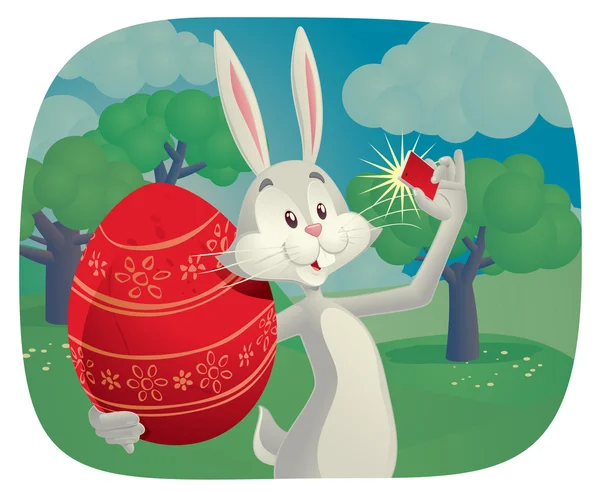 Rabbit Takes Selfie with Easter Egg Vector Cartoon — Stock Vector